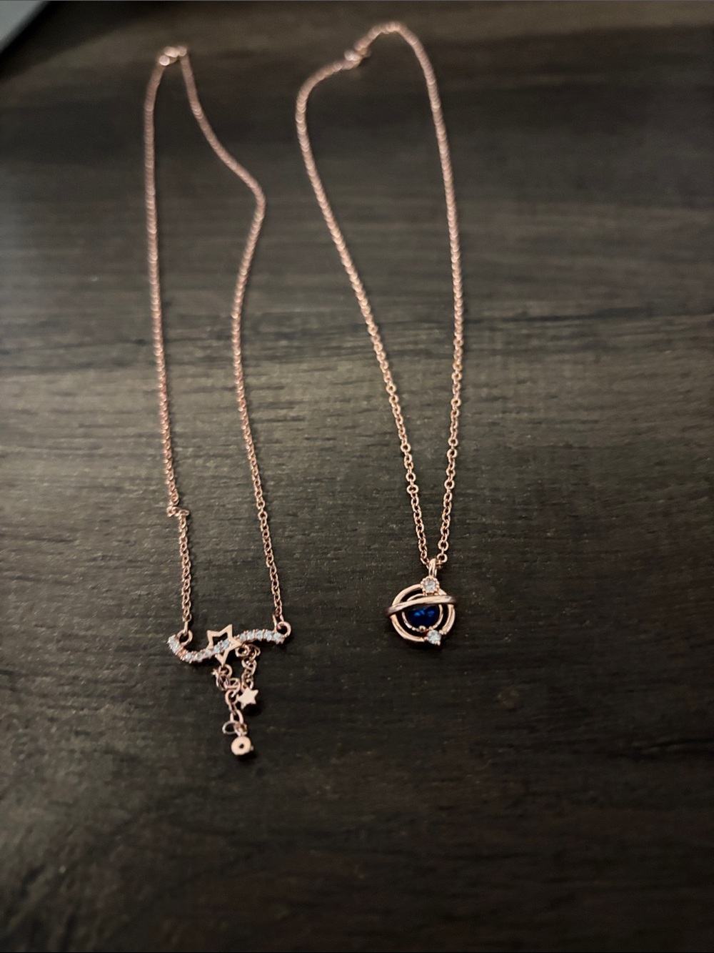 Rose Gold tone Celestial Star and Planet Pendant Necklaces - Set of 2